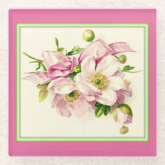 Floral Bouquet Pink Vintag Glass Untersetzer (Vorderseite)