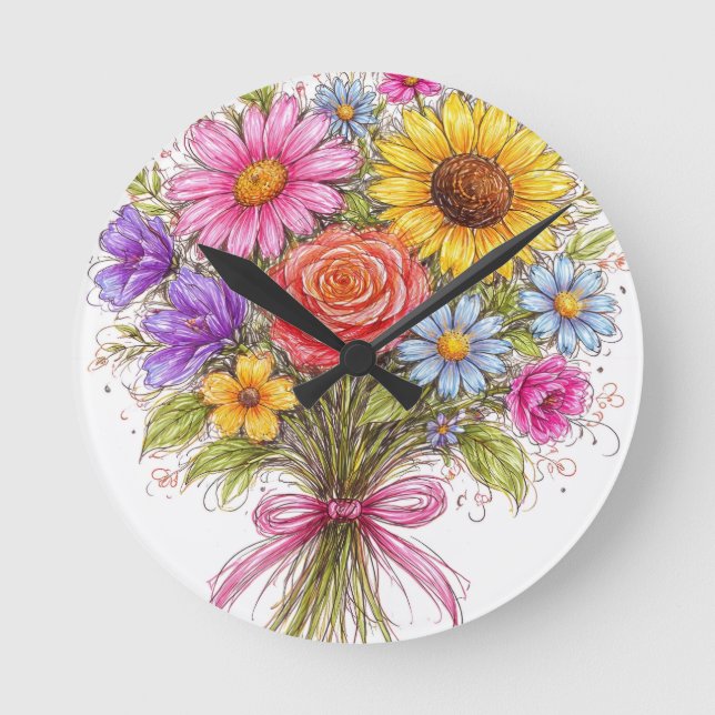 Floral Bouquet - Scribbled Style Art Runde Wanduhr (Vorderseite)
