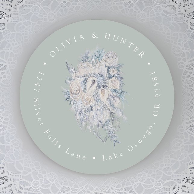 Floral Bouquet Wedding Couple Names Rücksendeadres Runder Aufkleber (Von Creator hochgeladen)