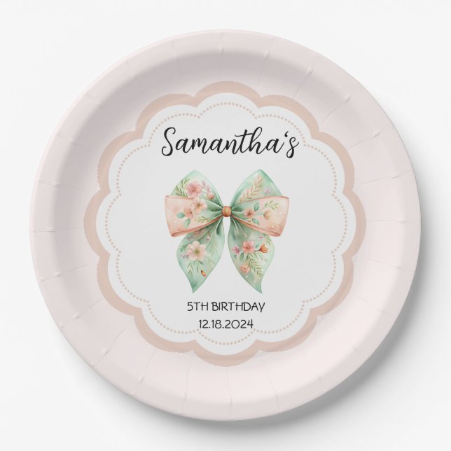 Floral Bow Birthday Paper Plate Pappteller (Vorderseite)