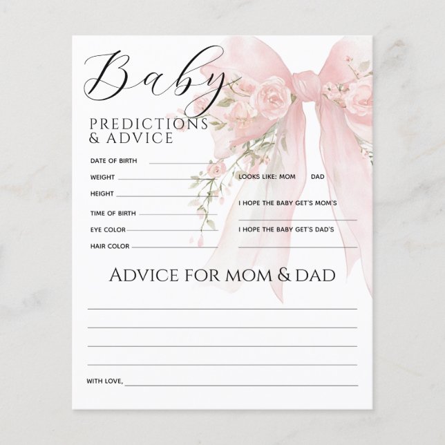 Floral Bow Elegant Baby Shower Prediction Game (Vorderseite)