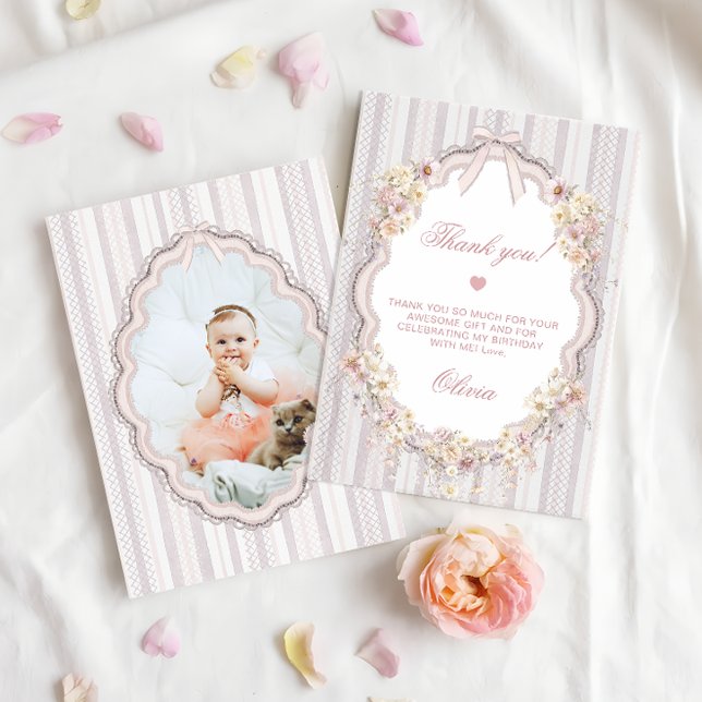 Floral Bow Girl 1st Birthday Photo Thank You Card Dankeskarte (Von Creator hochgeladen)