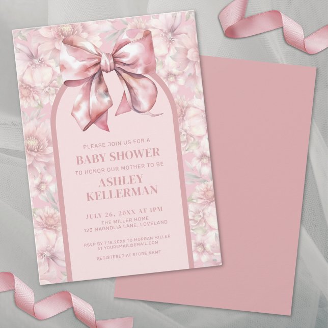 Floral Bow Pink Girl Babydusche Einladung (Cute Pink Floral Girl Baby Shower Invitation)