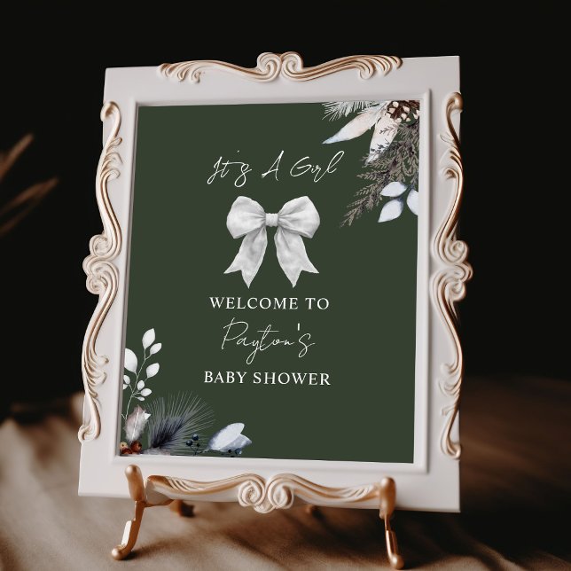 Floral Bow Winter Green Girl Babydusche Willkommen Poster (Von Creator hochgeladen)