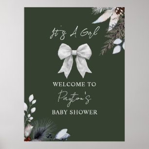 Floral Bow Winter Green Girl Babydusche Willkommen Poster