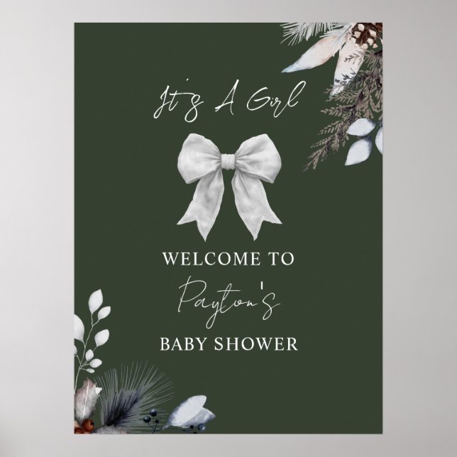 Floral Bow Winter Green Girl Babydusche Willkommen Poster (Vorne)