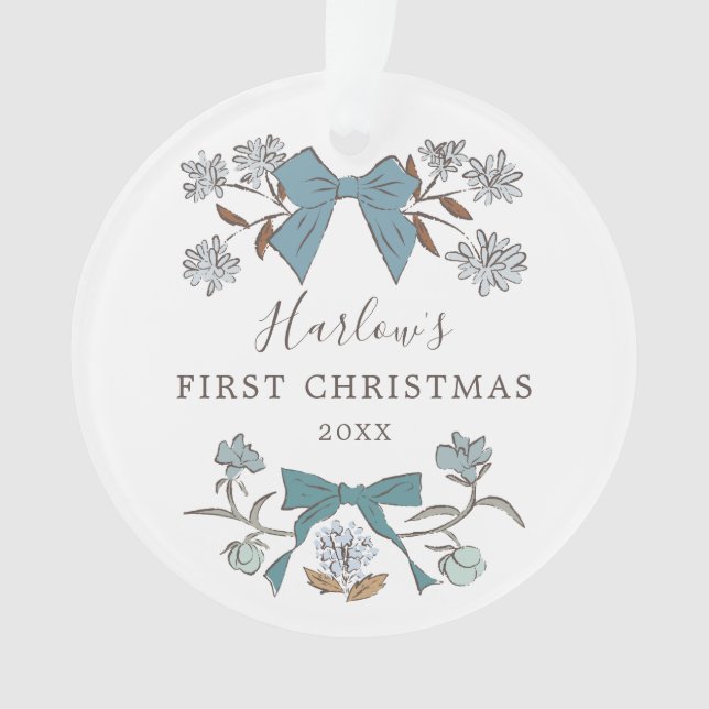Floral Bows Blue Baby's First Christmas Ornament (Vorderseite)