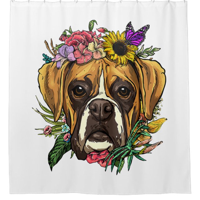 Floral Boxer Dog Botanische Pflanze Blume Haustier Duschvorhang (Vorderseite)