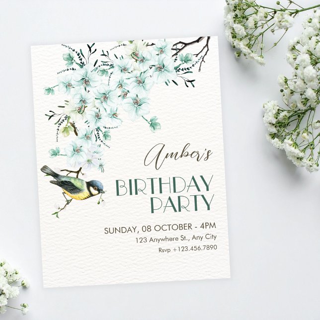Floral branch bird spring birthday einladung (Von Creator hochgeladen)