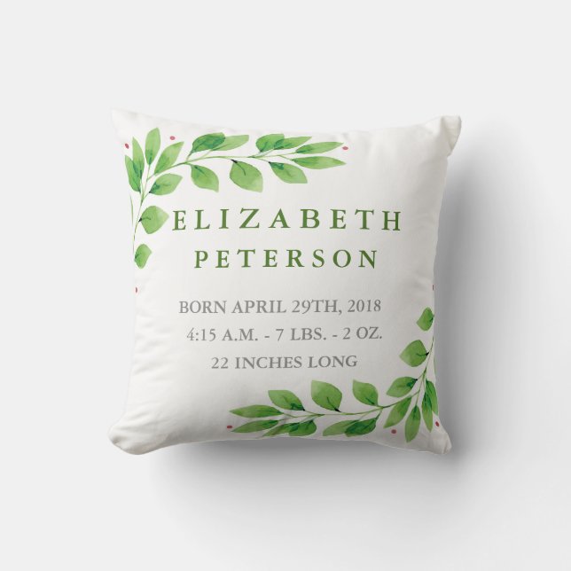 Floral Branches Baby Birth Announcement Pillow Kissen (Vorderseite)