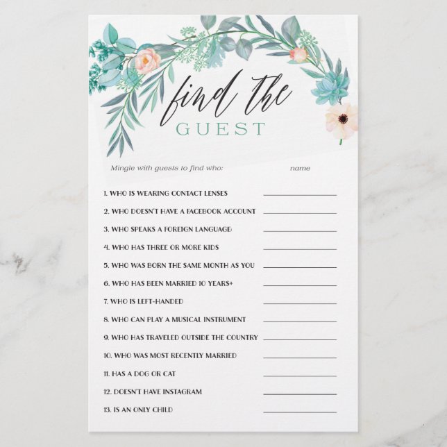 Floral Brautparty Game Finde den Gast (Vorderseite)