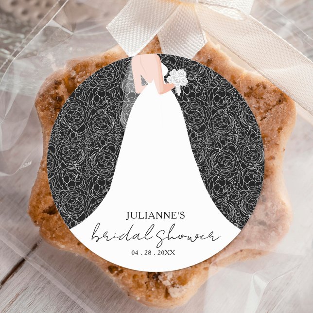 Floral Brautparty Wedding Gown Black Runder Aufkleber (Von Creator hochgeladen)