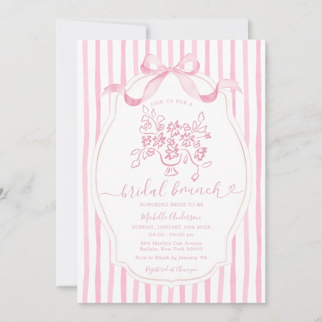 Floral Bridal Brunch Elegant Pink Stripe Bridal  Einladung (Vorderseite)
