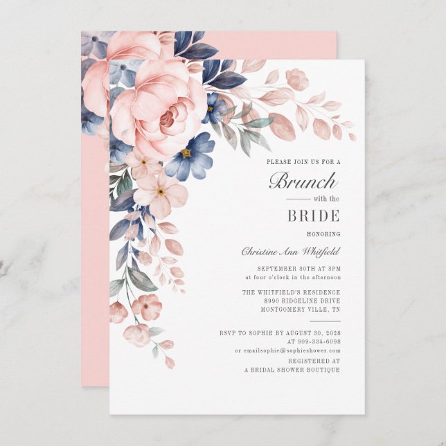 Floral Bridal Brunch Wasserfarbe Pink Blauer Blaue Einladung (Vorne/Hinten)
