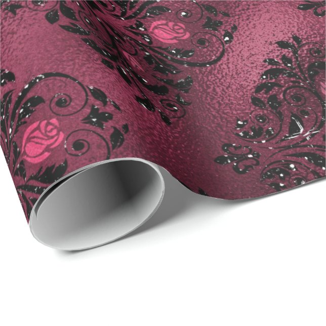 Floral Bridal Damask Black Rose Glitzer Burgund Geschenkpapier (Rolleneckpunkt)