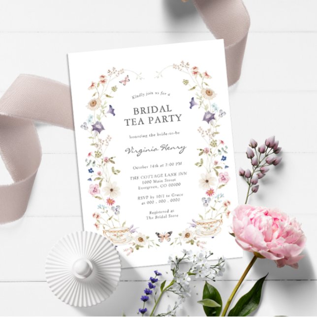 Floral Bridal Tee Party Einladung (Wildflower Tea Party Bridal Shower Wedding Invitation with Butterfly by Painted Paperie)