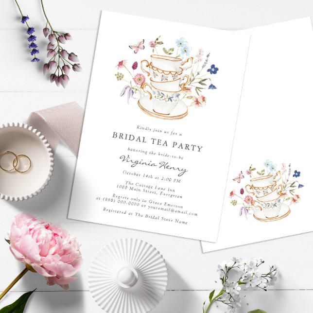 Floral Bridal Tee Party Einladung (Wildflower Tea Party Bridal Shower Wedding Invitation with Butterfly by Painted Paperie)