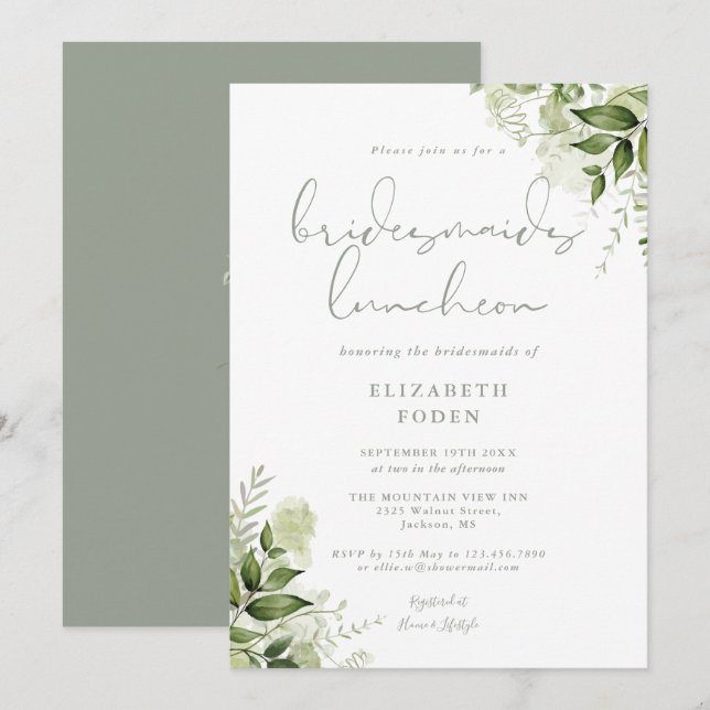 Floral Bridesmaids Luncheon Sage Green Einladung (Vorne/Hinten)