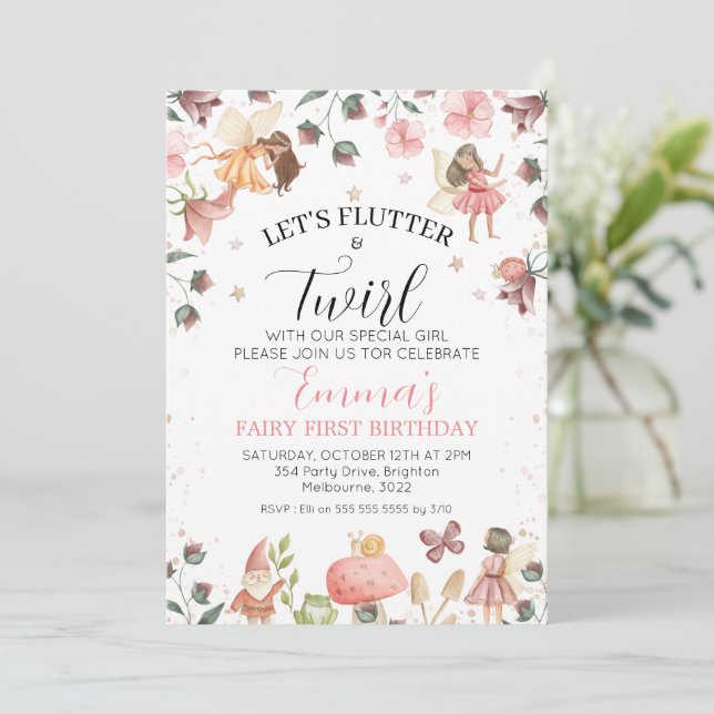 Floral Brown Fairies Flutter Twirl 1. Geburtstag Einladung (Stehend Vorderseite)