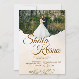Floral Brown Pastel Elegance Wedding with Photo Einladung