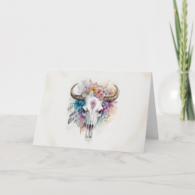 Floral Bull Skull Wasserfarben Kunst Karte (Vorderseite)