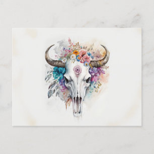 Floral Bull Skull Wasserfarben Kunst Postkarte
