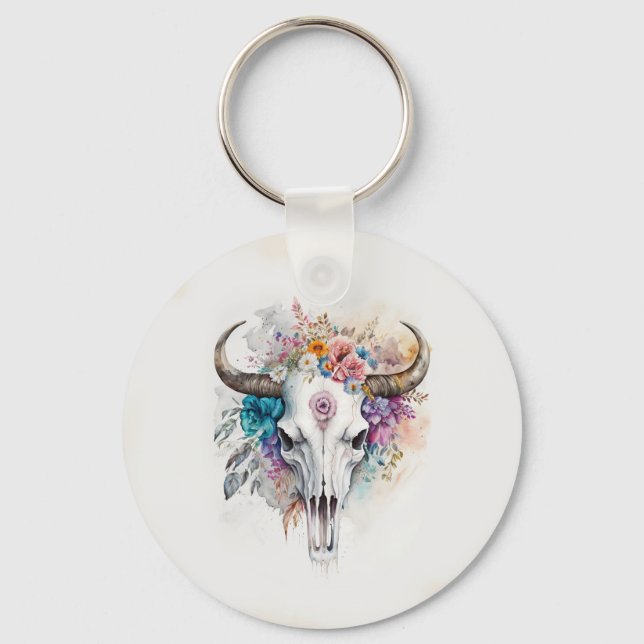 Floral Bull Skull Watercolor Art Schlüsselanhänger (Vorderseite)