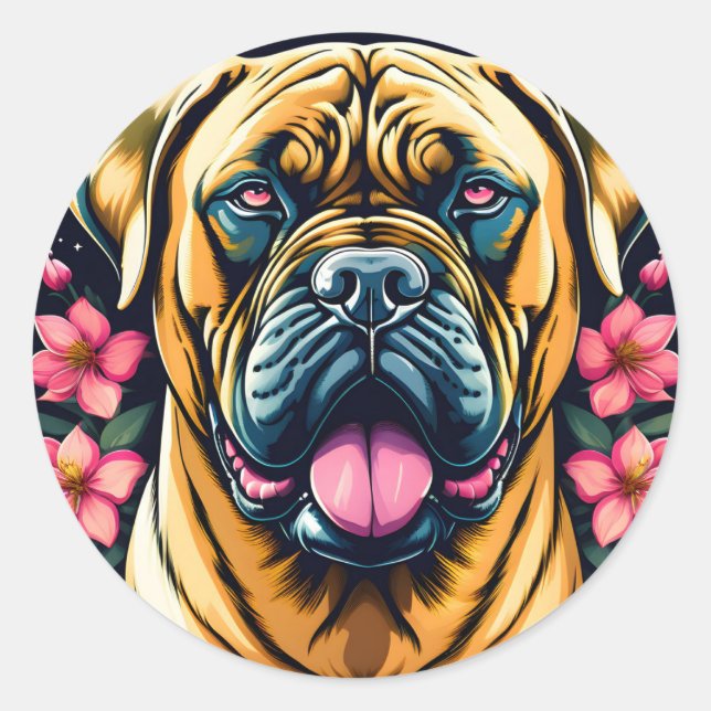 Floral Bullmastiff Dog Runder Aufkleber (Vorderseite)