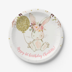 Floral Bunny Birthday Party Paper Plate Pappteller