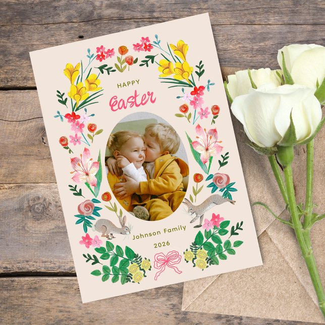 Floral Bunny Happy Easter Family Photo Card Einladung (Floral Bunny Happy Easter Family Photo Greeting Card)