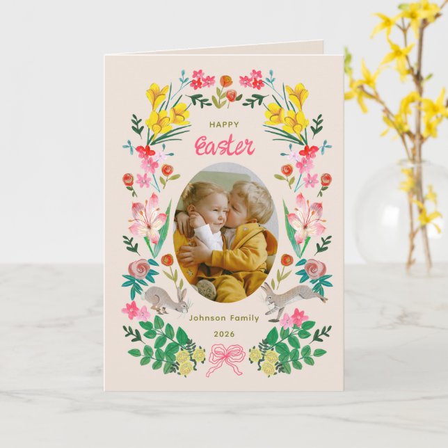 Floral Bunny Happy Easter Family Photo Card Karte (Gelbe Blume)