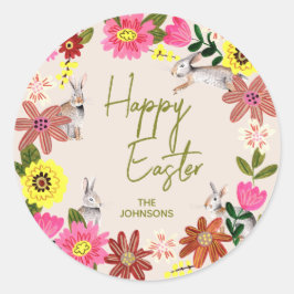 Floral Bunny Happy Easter Spring Gift Runder Aufkleber