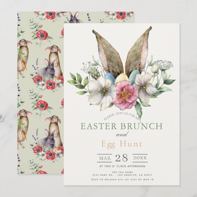 Floral Bunny Ohr Brunch & Eierjagd Einladung (Vorne/Hinten)