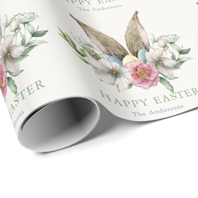 Floral Bunny Ohr & Eggs Ostern Geschenkpapier (Rolleneckpunkt)