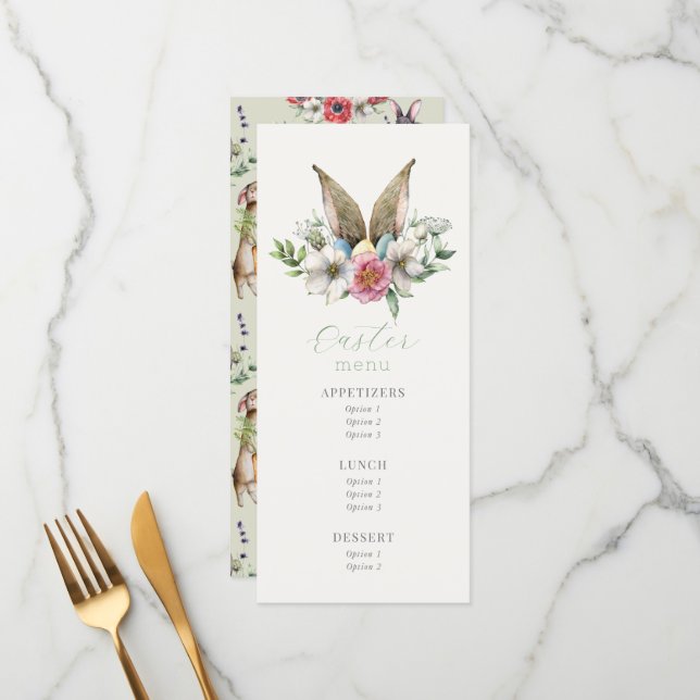 Floral Bunny Ost Brunch Menükarte (Vorderseite/Rückseite Beispiel)