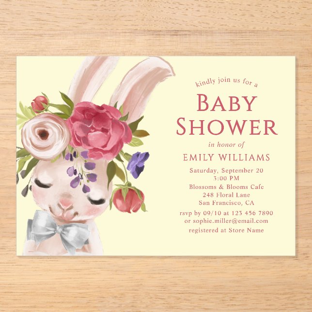 Floral Bunny Rabbit Wasserfarbe Niedlich Babydusch Acryleinladungen (Vorderseite)