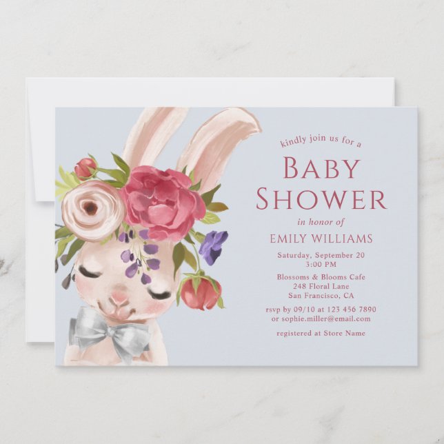 Floral Bunny Rabbit Wasserfarbe Niedlich Babydusch Einladung (Vorderseite)