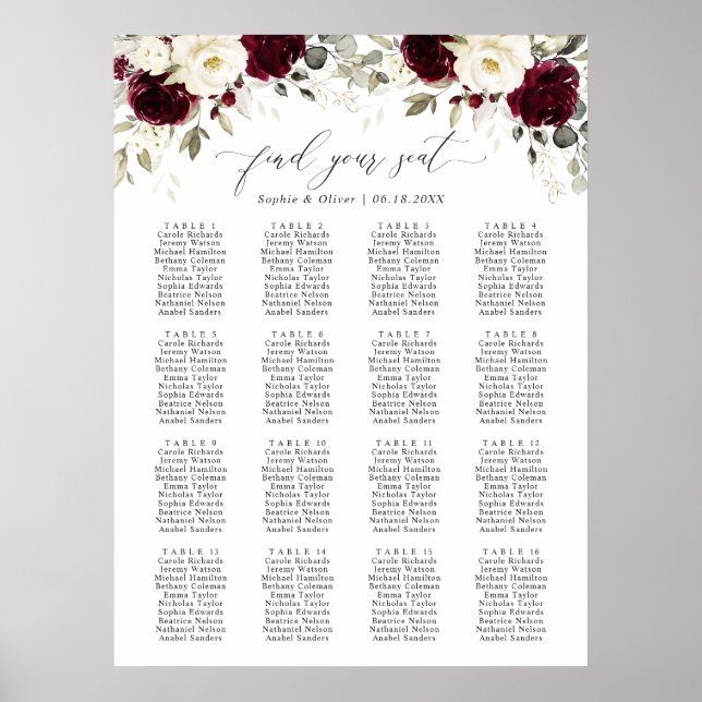 Floral Burgund 16 Tische Hochzeitstabelle Poster (Vorne)