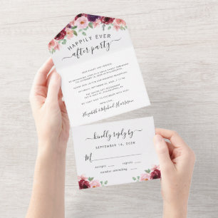 Floral Burgund Pink Watercolor Hochzeitsempfang All In One Einladung