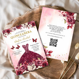 Floral Burgund QR-Code Prinzessin Quinceanera Einladung