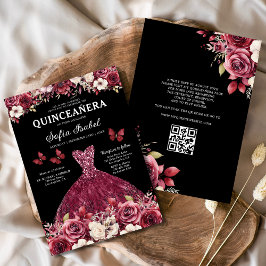 Floral Burgund QR-Code Prinzessin Quinceanera Einladung