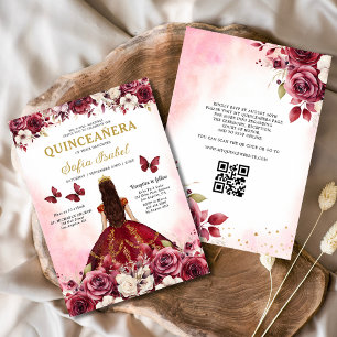 Floral Burgund QR-Code Prinzessin Quinceanera Einladung