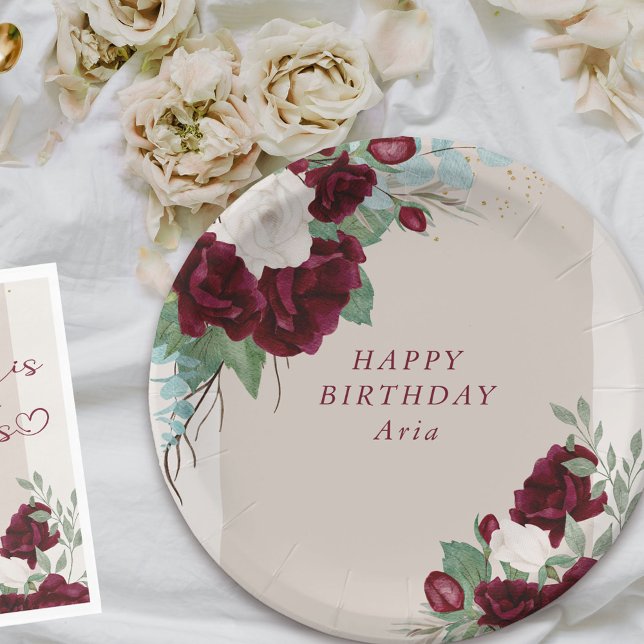 Floral Burgund und Elfenbeinküste Rose Personalisi Pappteller (Birthday party plates from my Royal Roses collection
)