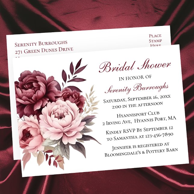 Floral Burgund Wasserfarbe Brautparty Einladungspostkarte (Von Creator hochgeladen)
