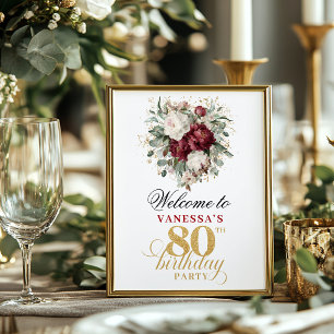 Floral Burgunder-Rosé 80. Geburtstag Tischdekorati Poster