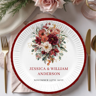 Floral Burgunderrot Herbst Hochzeit Papier Teller