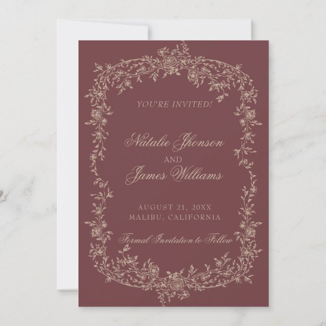 Floral Burgundy Beige Botanical Old Money Wedding Save The Date (Rückseite)