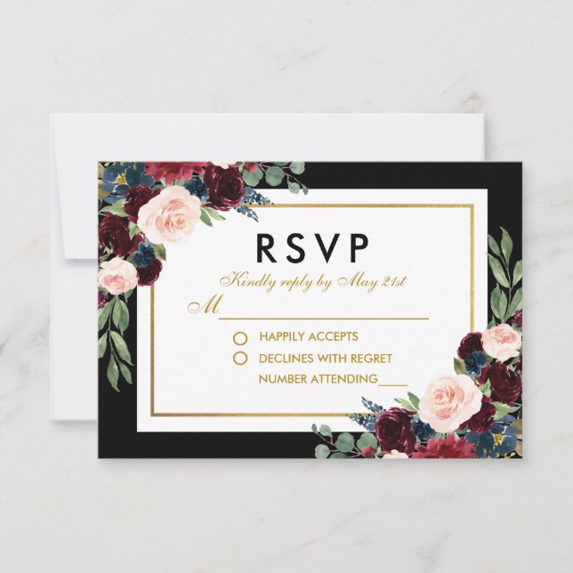 Floral Burgundy Blue Black Gold Wedding RSVP (Vorderseite)