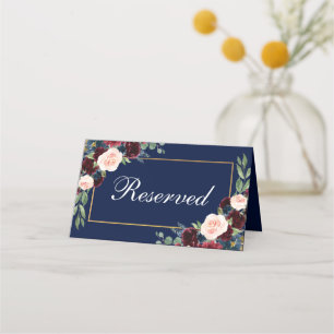 Floral Burgundy Blue Gold Hochzeit vorbehalten Platzkarte