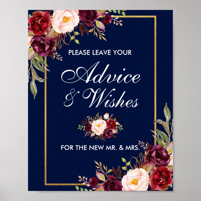 Floral Burgundy Blue Gold Hochzeitsempfehlung wüns Poster (Vorne)